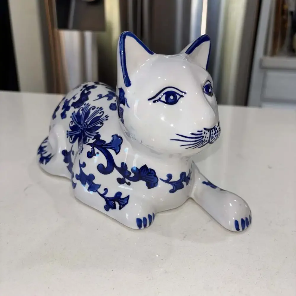 Vintage Blue and White Porcelain Chinoiserie Cat Figurine